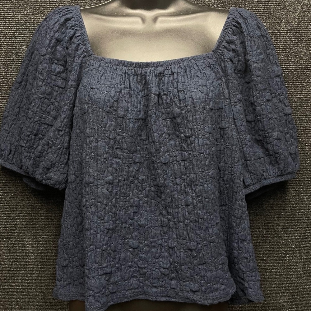 Old Navy Womens XL Navy Blue Textured Lace Puff Sleeve Square Neck Blouse Top